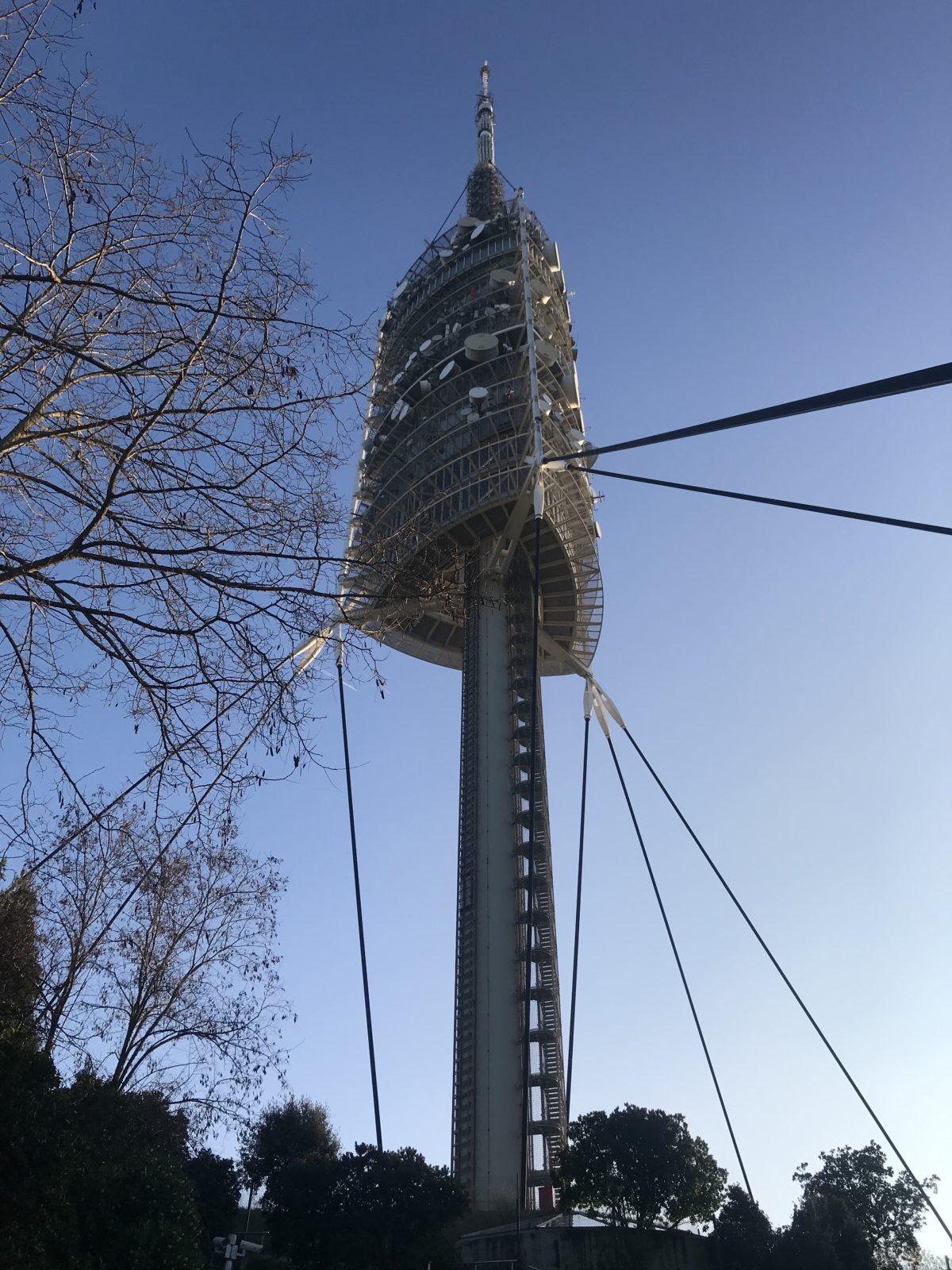 Torre de Collserola from below - a triangular structure suspended with steel wires